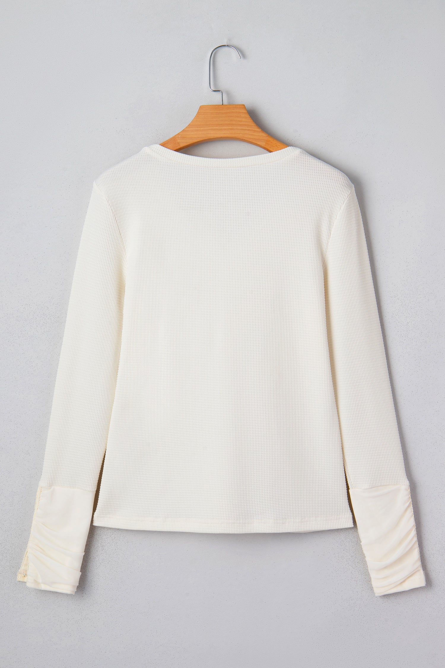 Beige Thermal Knit Lace Ruched Patchwork Long Sleeve V Neck Top