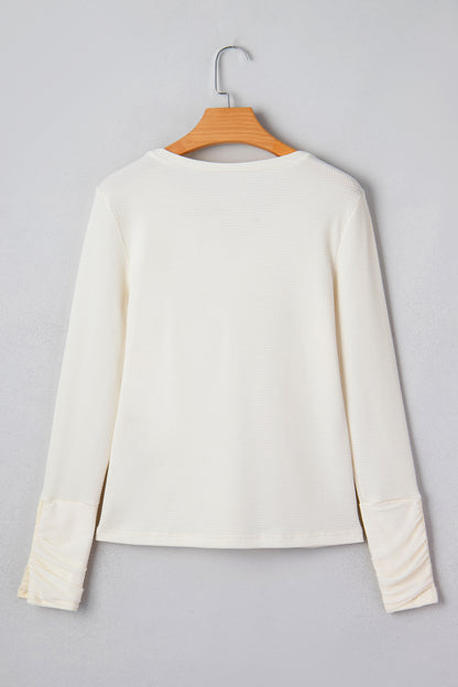 Beige Thermal Knit Lace Ruched Patchwork Long Sleeve V Neck Top