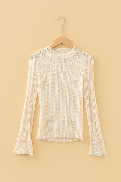 Apricot Flounced Long Sleeve Mock Neck Sheer Lace Top