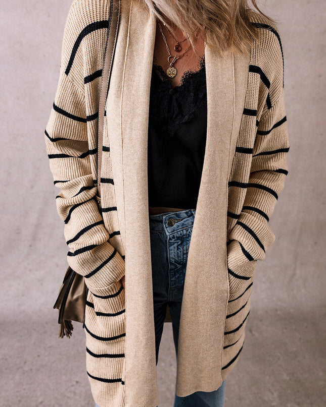 Black Stripe Shawl Neckline Open Cardigan with Pockets