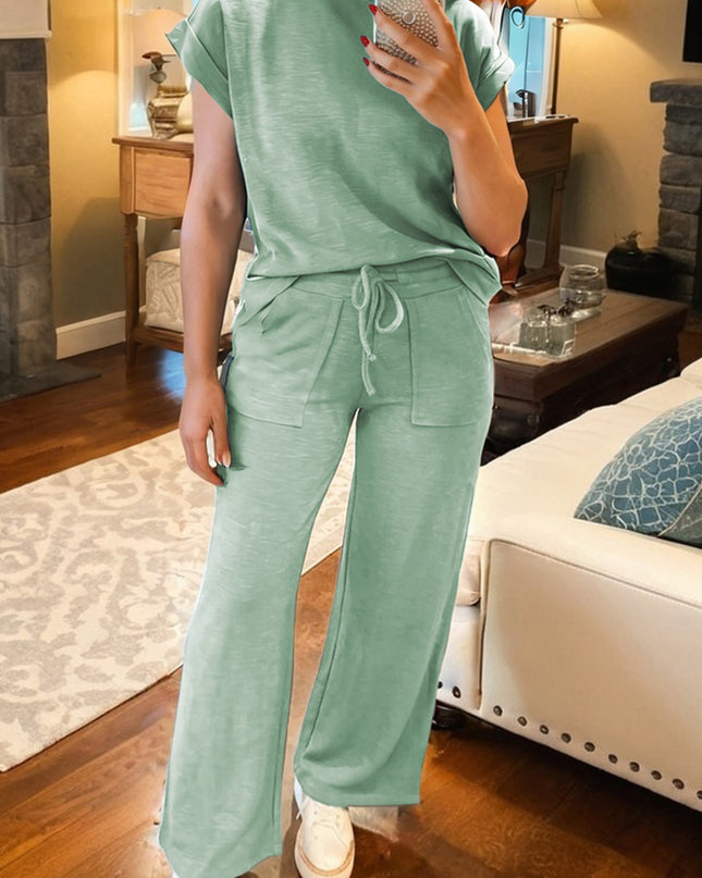 Canton Cuffed Short Sleeve Tee Raw Seam Patch Pocket Drawstring Pants Set