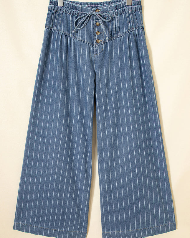 Sky Blue Stripe Button Pleated Drawstring Waist Casual Wide Leg Jeans