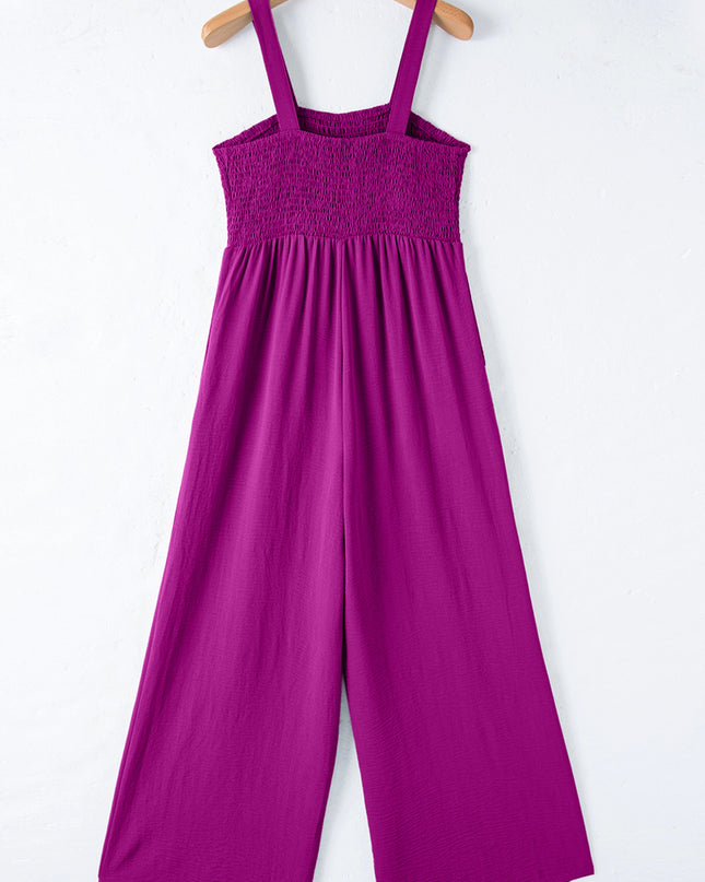 Purple Orchid Smocked Square Neck Sleeveless Jumpsuit with Pockets