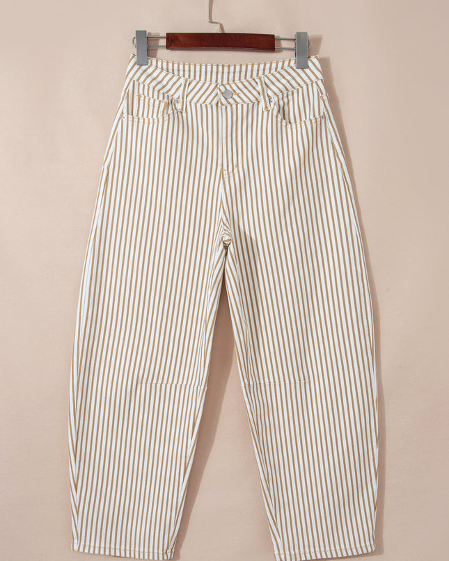 Khaki Stripe Casual Barrel Jeans