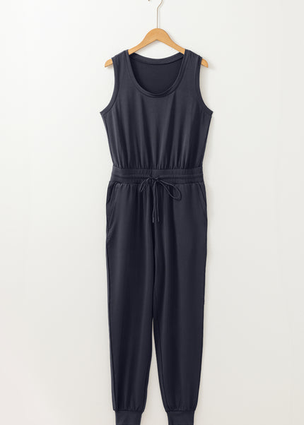 Black Casual Tank Style Tie Waist Pocketed Jogger Jumpsuit