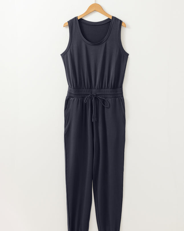 Black Casual Tank Style Tie Waist Pocketed Jogger Jumpsuit