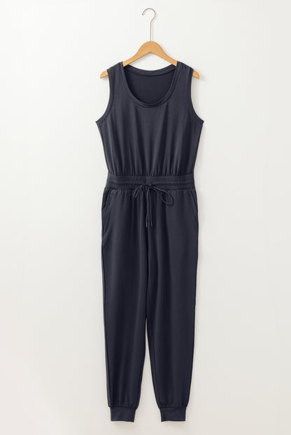 Black Casual Tank Style Tie Waist Pocketed Jogger Jumpsuit