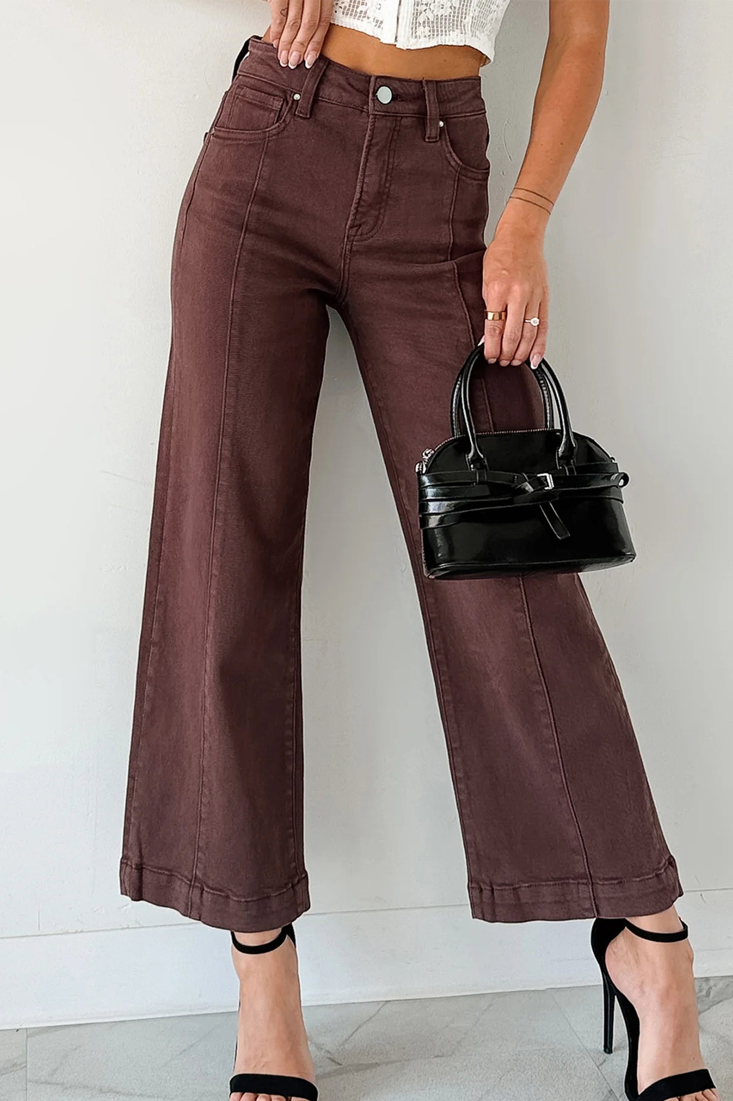 Apricot Solid Color Seamed Center Wide Leg Cropped Jeans
