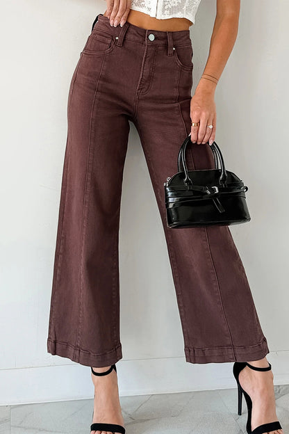 Apricot Solid Color Seamed Center Wide Leg Cropped Jeans