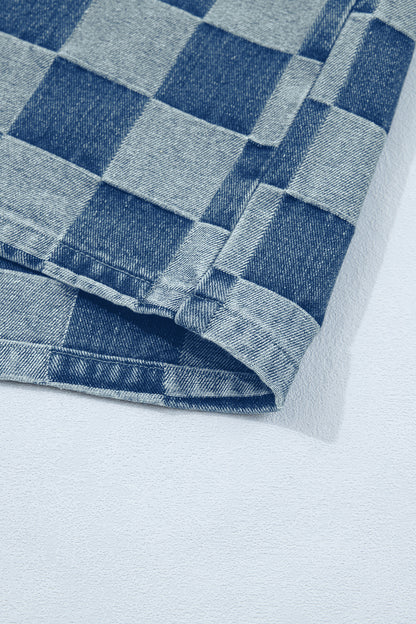 Beau Blue Checkered Ruffle Trim Button Down Denim Vest