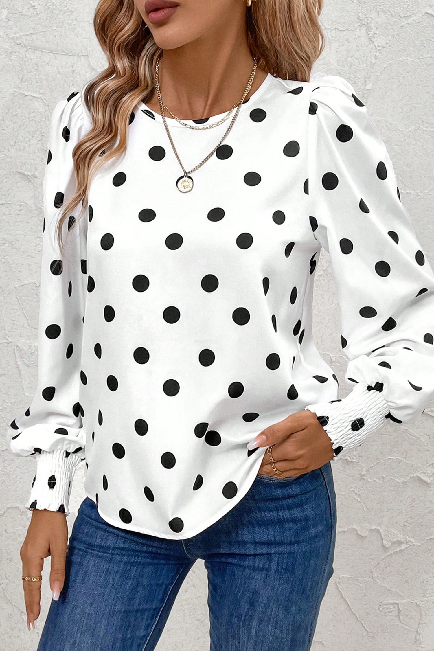 White Polka Dot Print Round Neck Frilled Long Sleeve Blouse