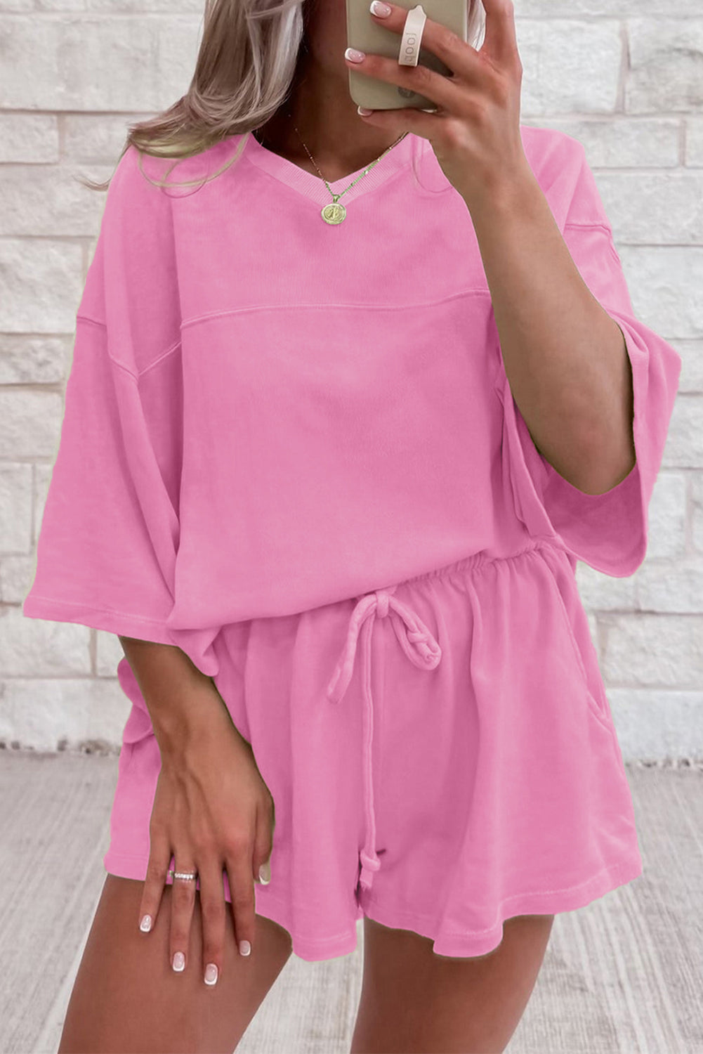 Meadow Mist Green Solid Loose V Neck Half Sleeve Tee and Shorts Set