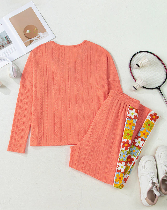 Grapefruit Orange Crochet Floral Accent V Neck Textured Pants Set
