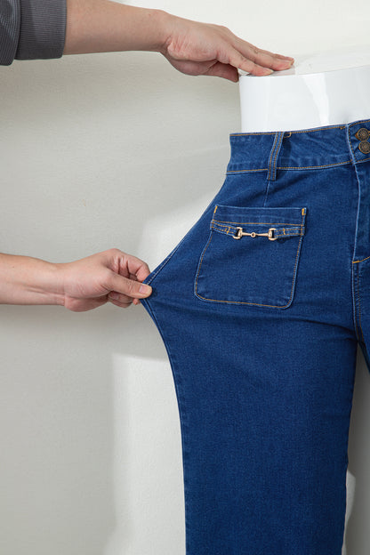 Sail Blue Hardware Decor Patched Pockets Wide Leg Jean Pants