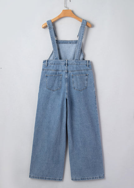 Dusk Blue Pleated Wide Leg Retro Pocketed Denim Jumpsuit
