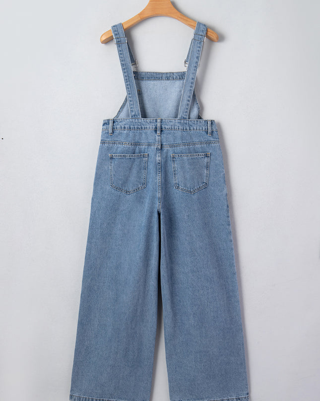 Dusk Blue Pleated Wide Leg Retro Pocketed Denim Jumpsuit