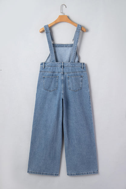 Dusk Blue Pleated Wide Leg Retro Pocketed Denim Jumpsuit
