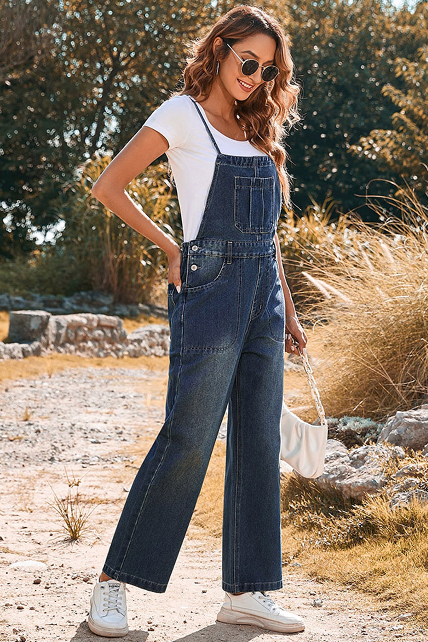 Dark Blue Crossed Tie Straps Bib Pocket Loose Denim Overalls
