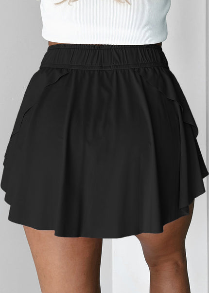 Black Drawstring High Waist Lined Tennis Skorts