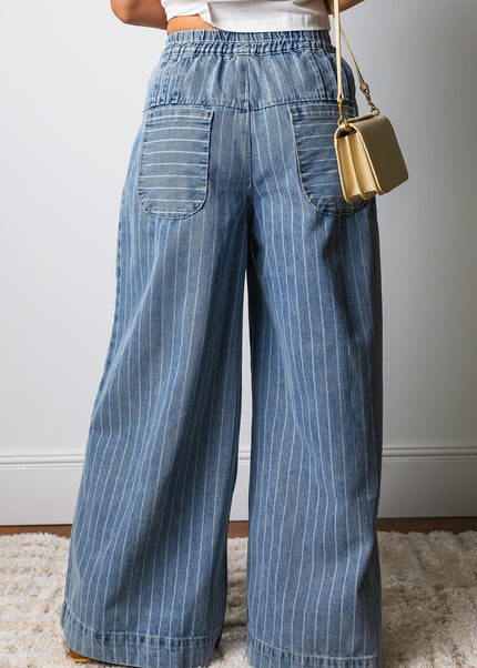 Sky Blue Stripe Button Pleated Drawstring Waist Casual Wide Leg Jeans