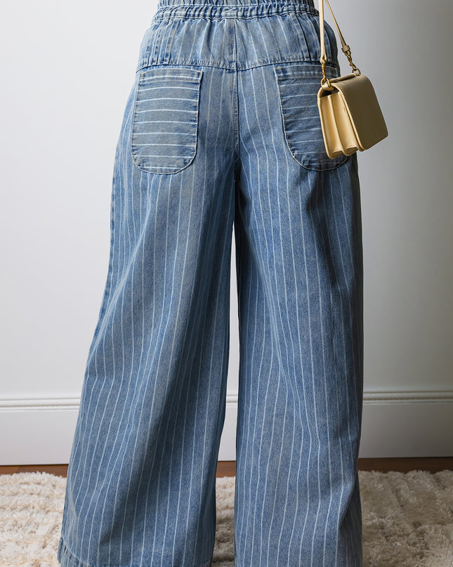 Sky Blue Stripe Button Pleated Drawstring Waist Casual Wide Leg Jeans