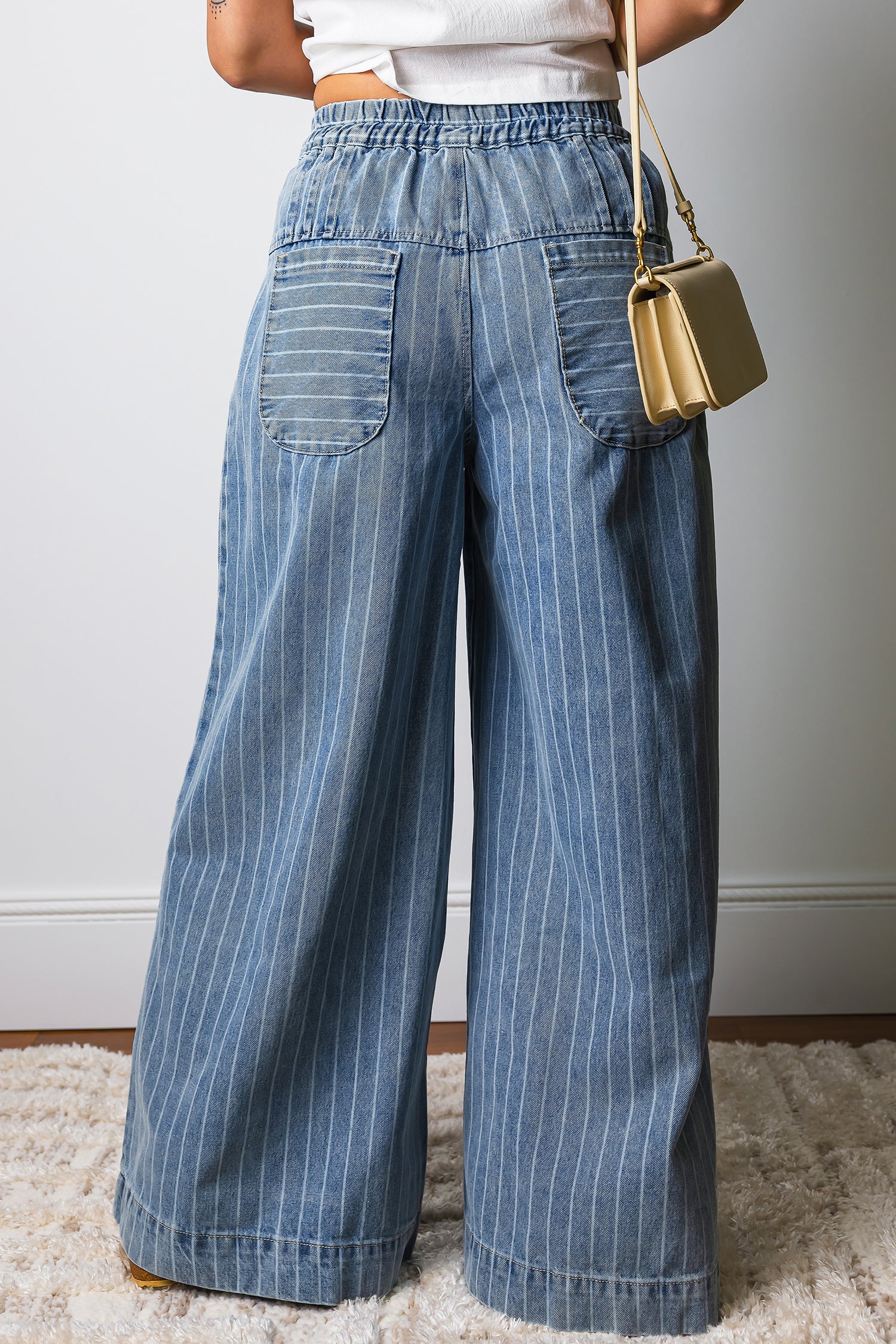 Sky Blue Stripe Button Pleated Drawstring Waist Casual Wide Leg Jeans