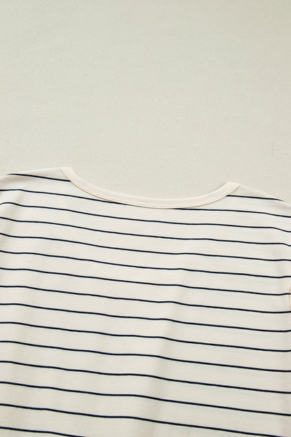 Beige Stripe Drawstring Tunic Tank Mini Dress with Pockets