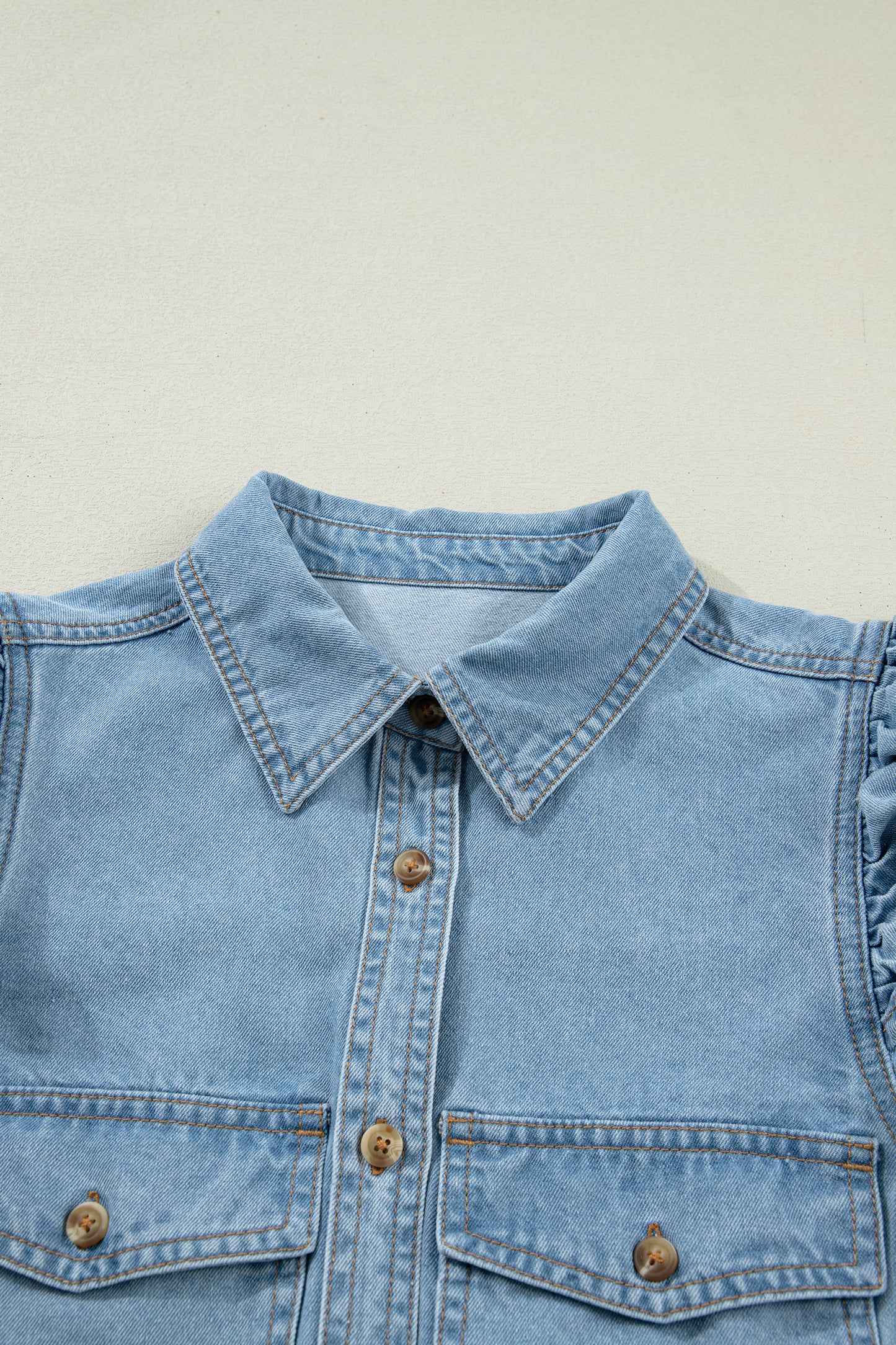 Myosotis Ruffle Detail Short Puff Sleeve Button Down Flap Pocket Denim Shirt