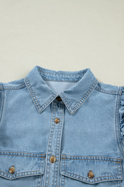 Myosotis Ruffle Detail Short Puff Sleeve Button Down Flap Pocket Denim Shirt