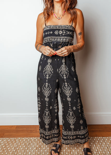 Black Spaghetti Straps Elastic Waist Loose Ethnic Print Jumpsuit