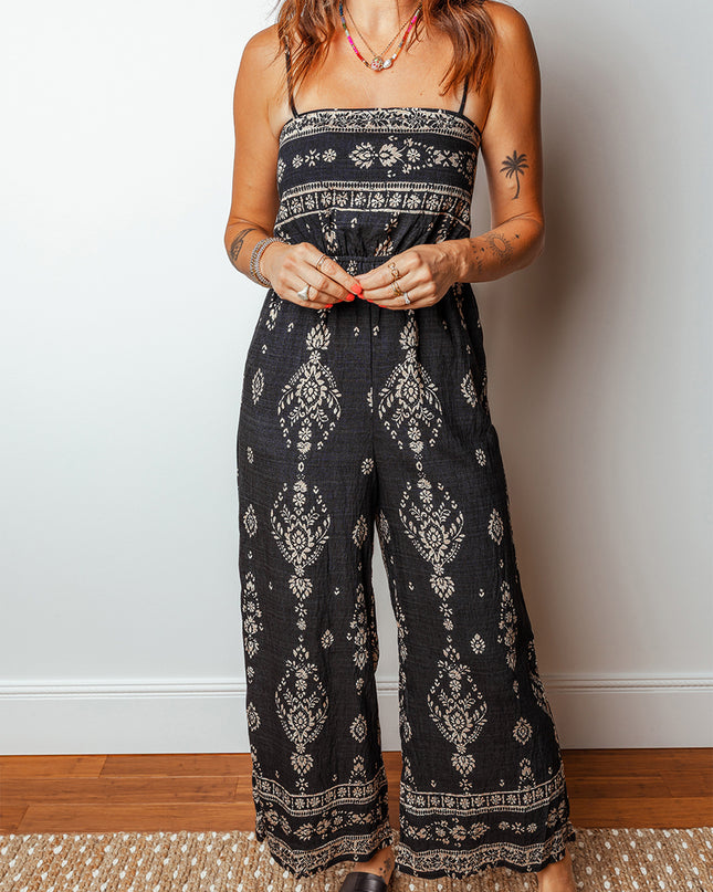 Black Spaghetti Straps Elastic Waist Loose Ethnic Print Jumpsuit