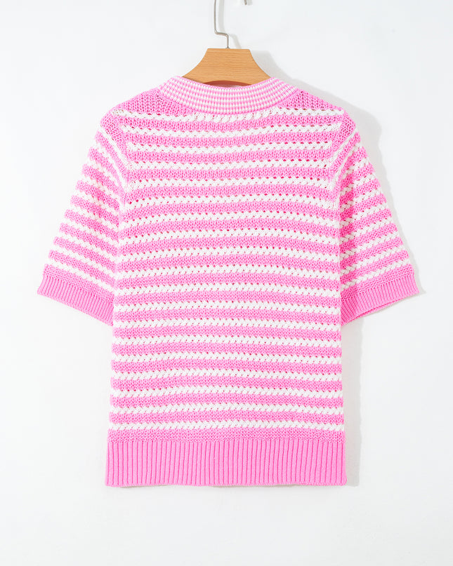 Pink Stripe Short Sleeve Knit V Neck Bow Knot Sweater
