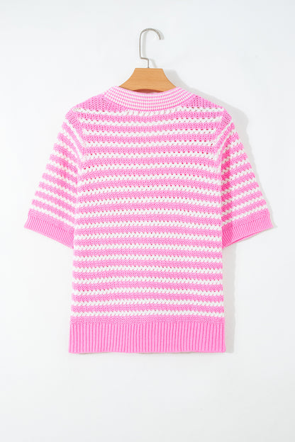 Pink Stripe Short Sleeve Knit V Neck Bow Knot Sweater