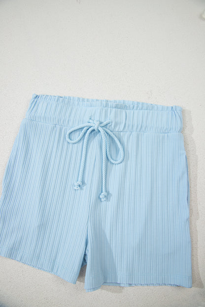 Gossamer Pink Ribbed Button V Neck Tank Top and Shorts Set