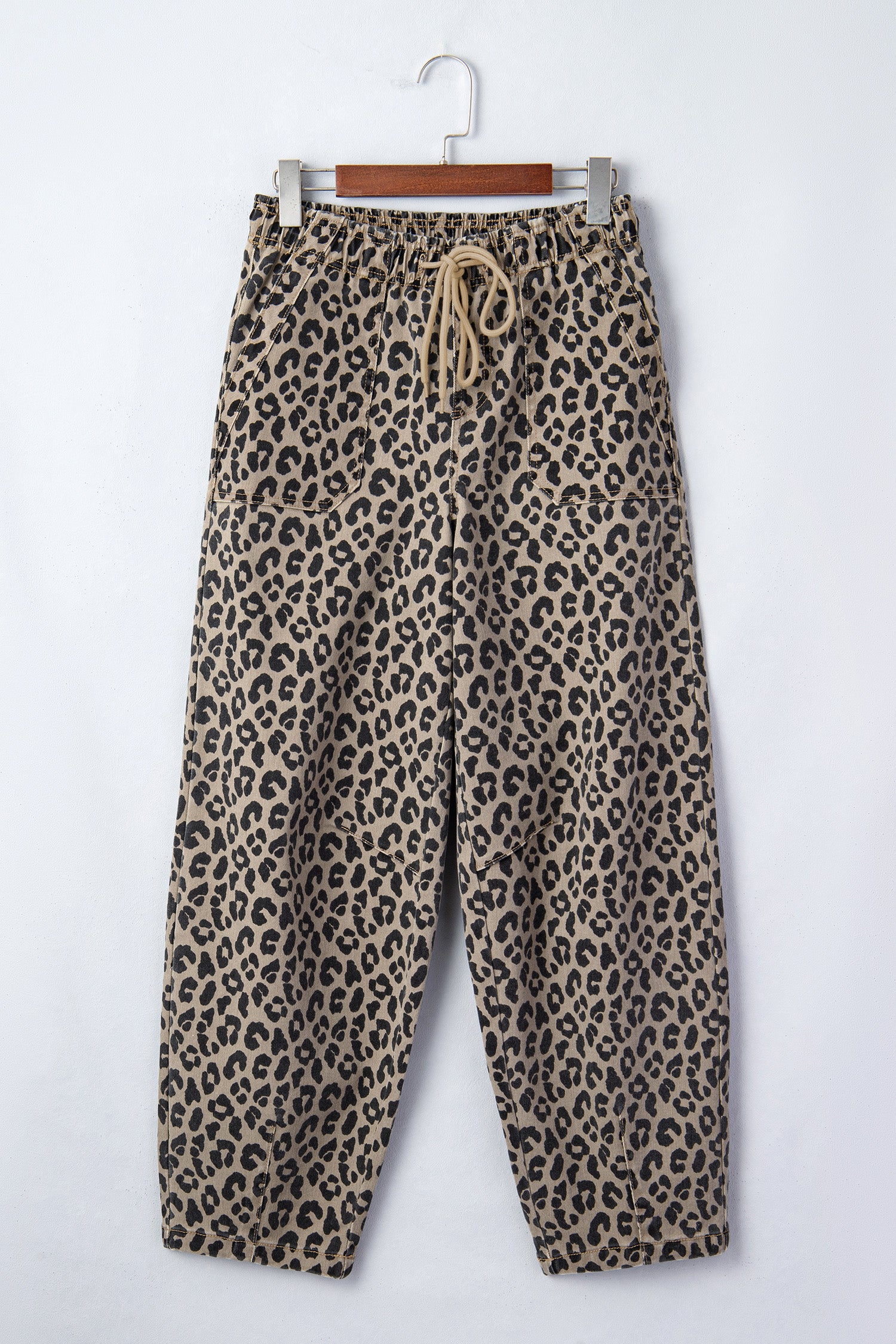 Khaki Leopard Print Drawstring Elastic Waist Loose Denim Pants with Pockets
