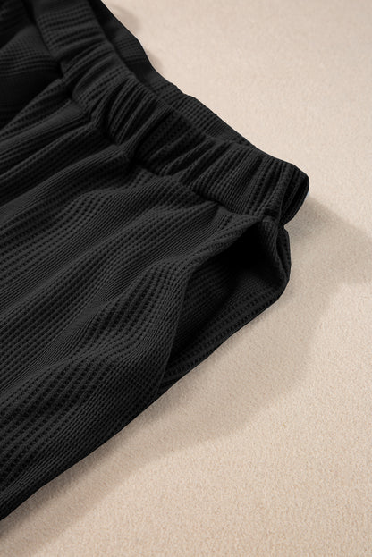 Beau Blue Solid Color Ribbed Ruffle Tank Top and Pants Set