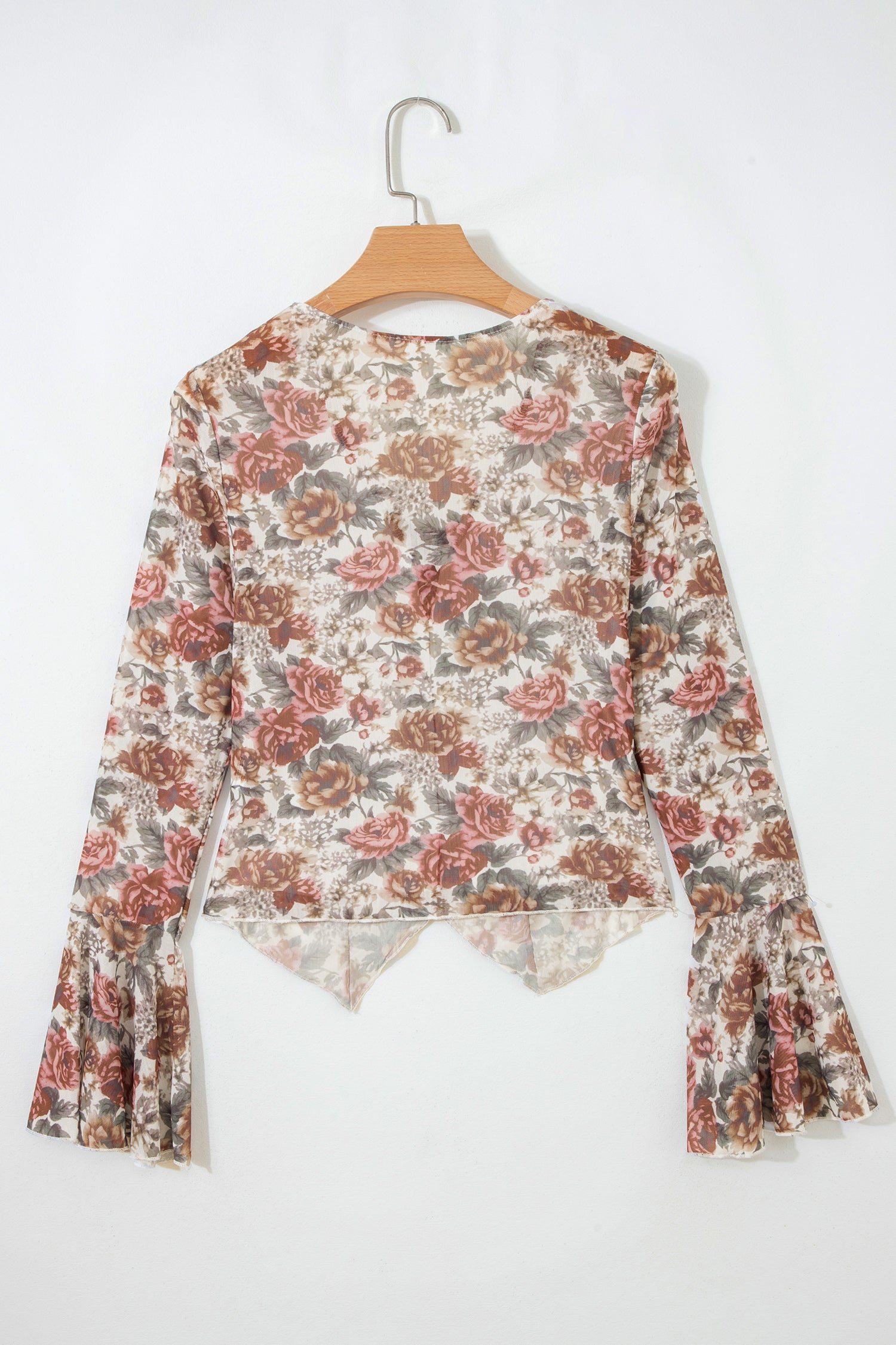 Red Floral Print Stitched Detail Tie V Neck Long Bell Sleeve Blouse