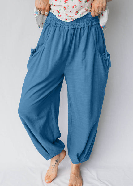 Prussian Blue Smocked Waist Casual Jogger Style Pants