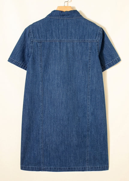 Blue Zip up Collared Short Sleeve Shift Mini Denim Dress