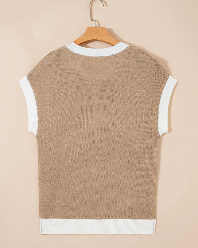 Goat Horse Shoe Pattern Contrast Trim Short Sleeve Sweater