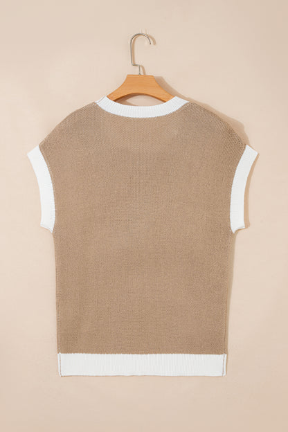 Goat Horse Shoe Pattern Contrast Trim Short Sleeve Sweater