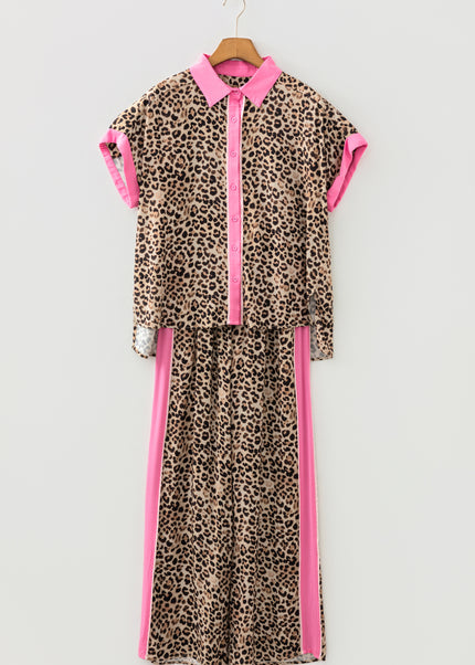 Brown Contrast Trim Leopard Top and Pant Set
