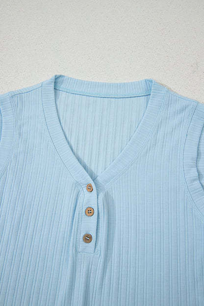 Gossamer Pink Ribbed Button V Neck Tank Top and Shorts Set