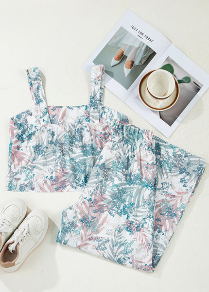 Green Tropical Palm Printed Cropped Tank Drawstring Wide Leg Pant Set