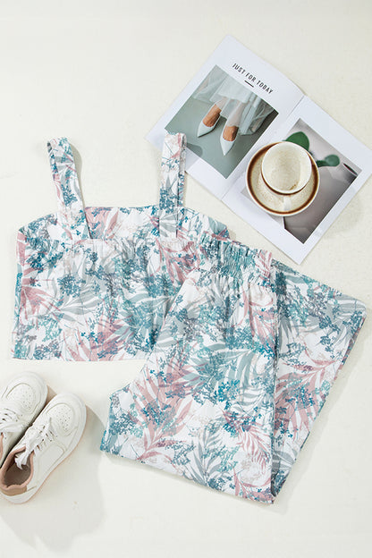 Green Tropical Palm Printed Cropped Tank Drawstring Wide Leg Pant Set