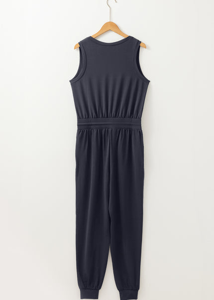 Black Casual Tank Style Tie Waist Pocketed Jogger Jumpsuit