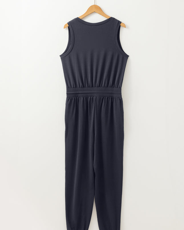 Black Casual Tank Style Tie Waist Pocketed Jogger Jumpsuit