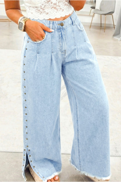 Beau Blue Studded Side Slit Leg Frayed Pocketed Wide Leg Jeans