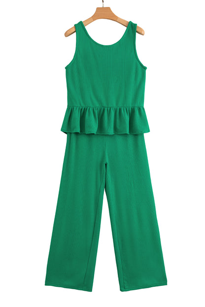 Beau Blue Solid Color Ribbed Ruffle Tank Top and Pants Set