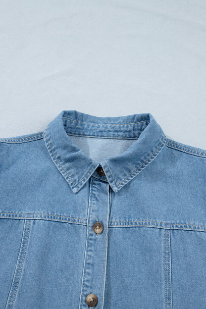 Beau Blue Button Down Short Puff Sleeve Ruffle Hem Patchwork Denim Dress